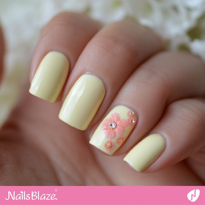 Pastel Yellow Nails with Coral Flowers | Coral and Yellow Nails- NB8184