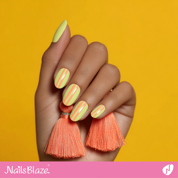 Neon Coral Stripes on Pastel Yellow Nails | Coral and Yellow Nails- NB8186