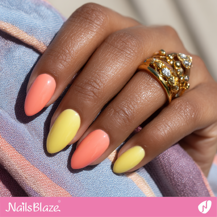 Almond Yellow and Coral Nails | Coral and Yellow Nails- NB8187