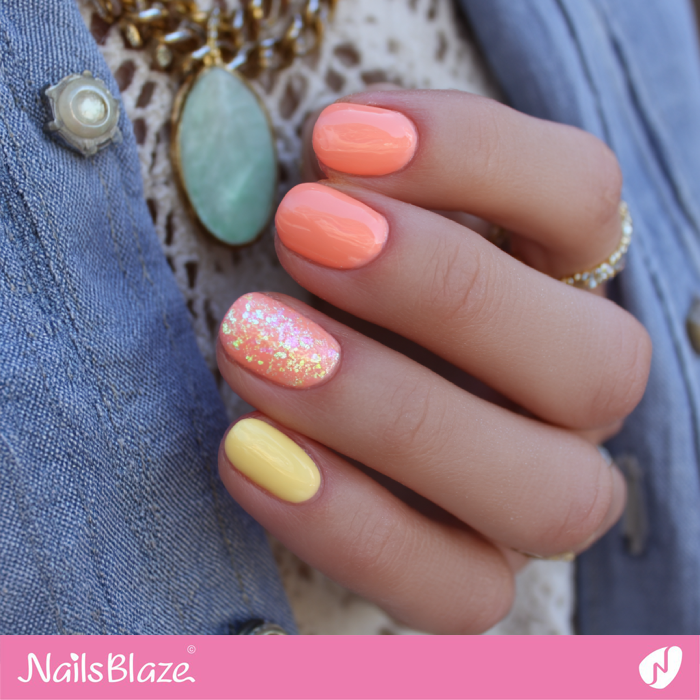 Yellow and Coral Nails with Glitter Accent | Coral and Yellow Nails- NB8188