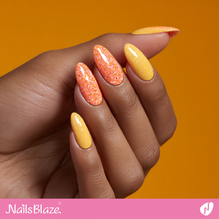 Yellow Nails with Coral Glitter Design | Coral and Yellow Nails- NB8193