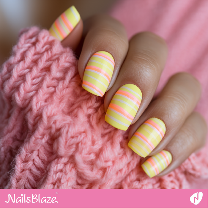 Coral Stripes Design for Yellow Nails | Coral and Yellow Nails- NB8194