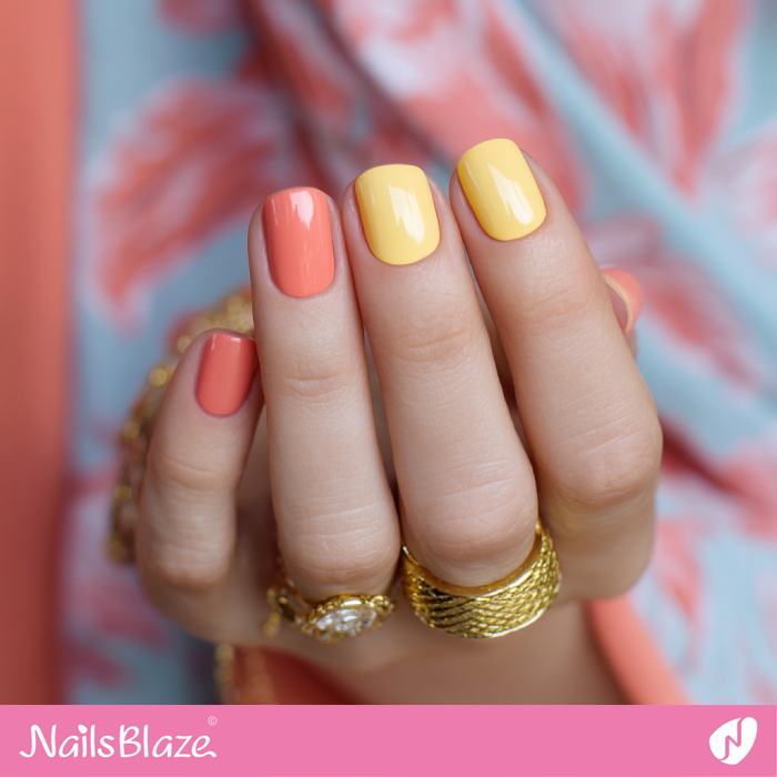 Short Nails in Coral and Yellow | Coral and Yellow Nails- NB8195