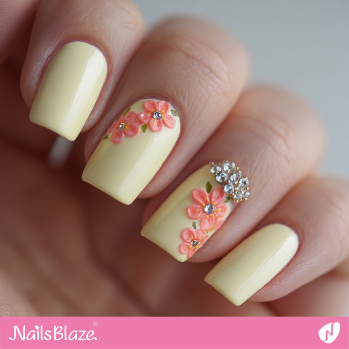 Coral Flower Accents for Yellow Nails | Coral and Yellow Nails- NB8196