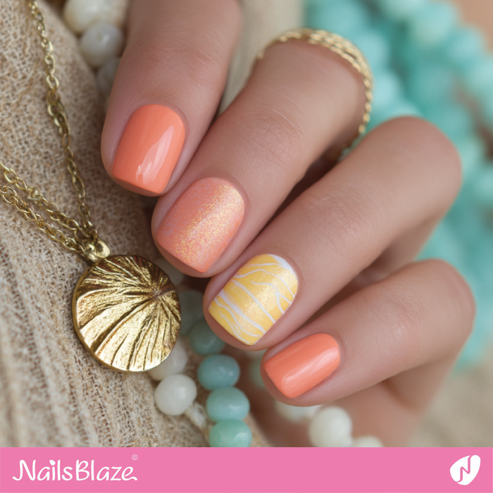 Abstract Summer Nails in Coral and Yellow | Coral and Yellow Nails- NB8199