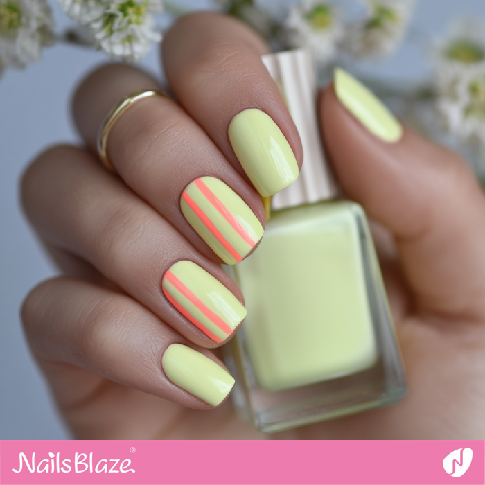 Short Pastel Yellow Nails with Coral Stripes | Coral and Yellow Nails- NB8200