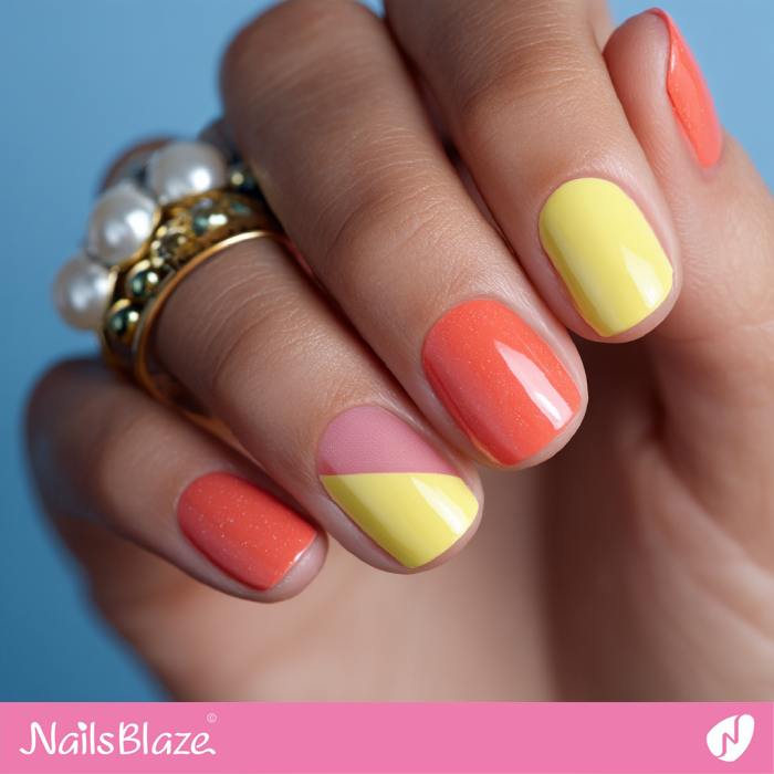 Yellow and Coral Nails with Geometric Color Blocks | Coral and Yellow Nails- NB8202