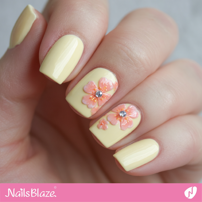 Milky Yellow Nails with 3D Coral Flowers | Coral and Yellow Nails- NB8203