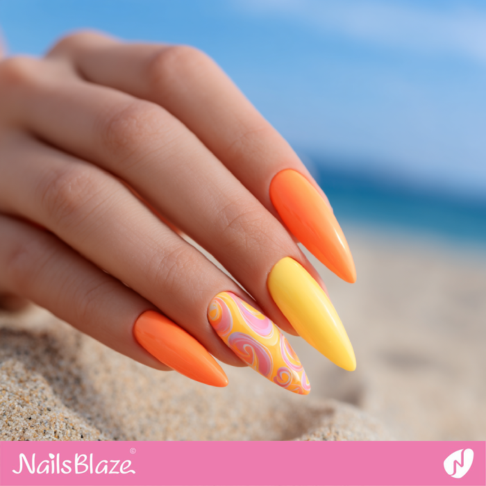 Coral and Yellow Nails with a Swirl Accent | Coral and Yellow Nails- NB8204