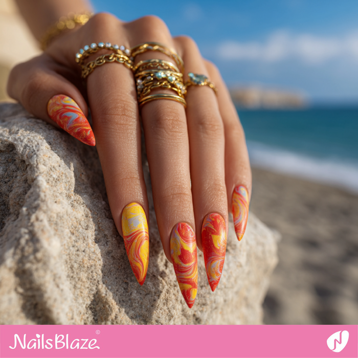 Dark Coral and Yellow Swirl Nails | Coral and Yellow Nails- NB8205