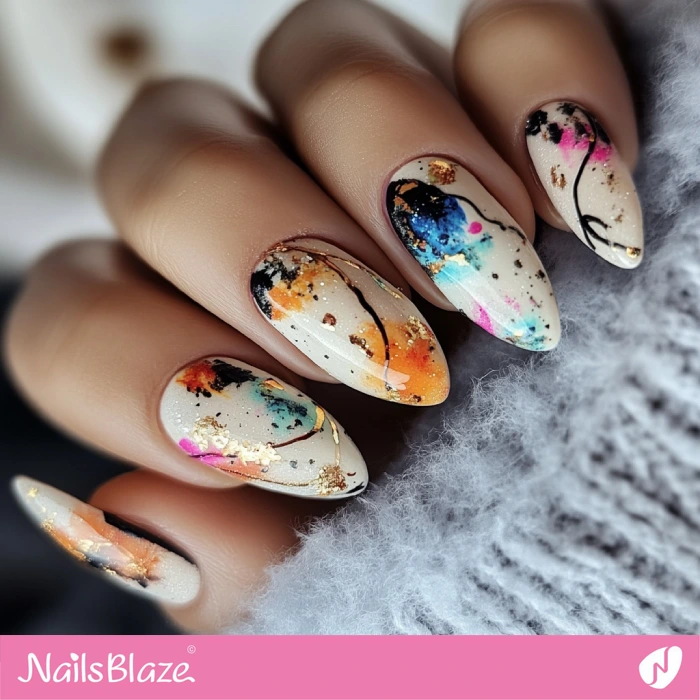 Watercolor Strokes and Gold Leaf Abstract Nails Design | Abstract Nails - NB5500