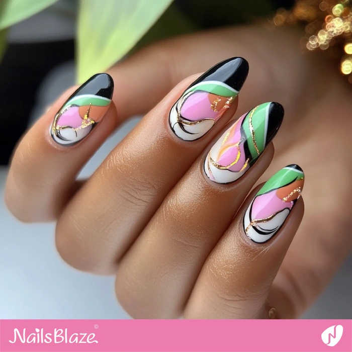 Elegant Black and White Nails with a Colorful Abstract Design | Abstract Nails - NB5502