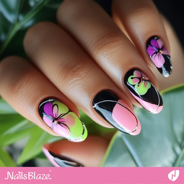 Black and Neon Pink Nails with Exotic Flowers | Abstract Nails - NB5504