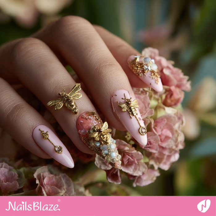 Pink Nails with Bee Embellishments | Bee Nails- NB8147
