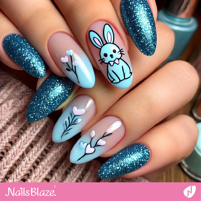 Blue Glitter Nails with Bunny Design | Bunny Nails- NB7672