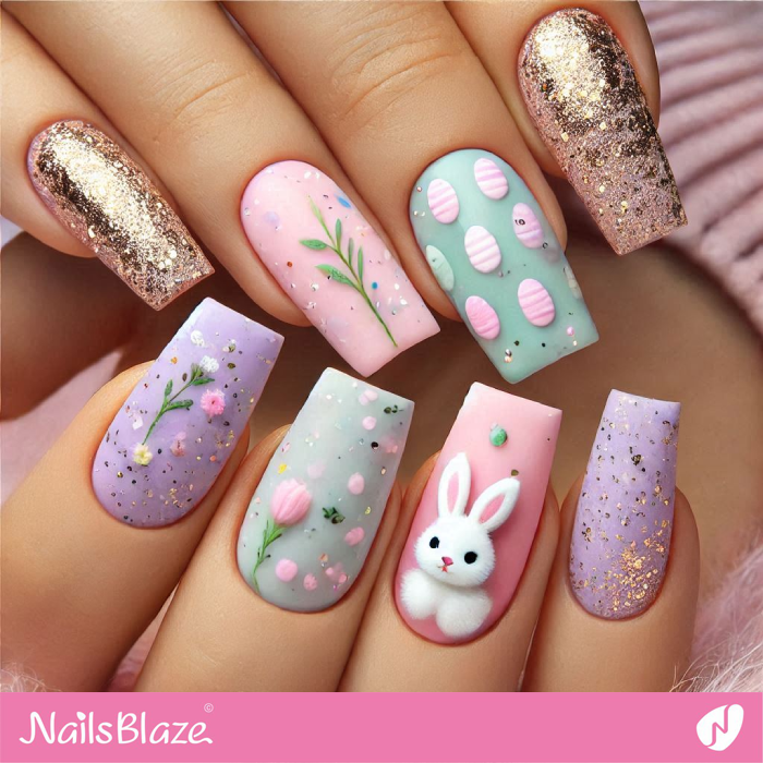 Colorful Easter Bunny Nails with Sparkle | Bunny Nails- NB7681