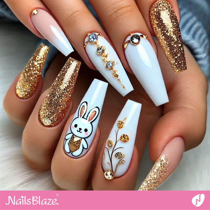 Gold and White Nails Bunny Nails Design | Bunny Nails- NB7682