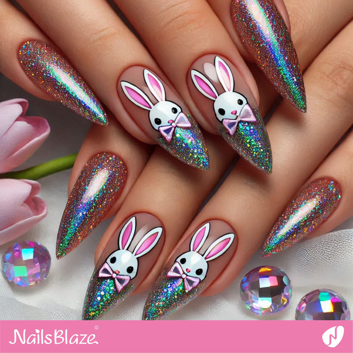 Bunny with Bow for Glitter Nails Design | Bunny Nails- NB7686