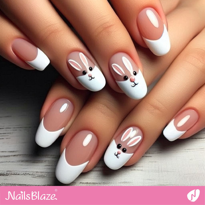 French Nails with Simple Bunny Design | Bunny Nails- NB7687