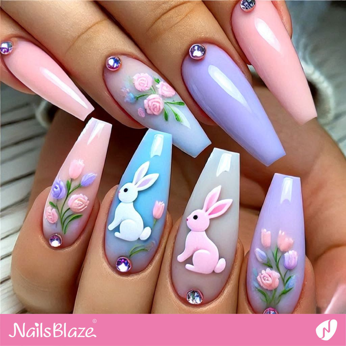 Bunnies and Flowers for Spring Nails | Bunny Nails- NB7689