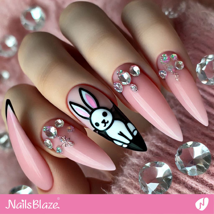 Crystal Design Pink Nails with a Bunny | Bunny Nails- NB7691