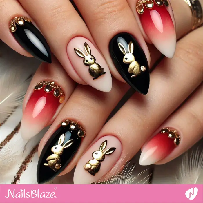 Ombre Nails with Gold Bunny Design | Bunny Nails- NB7698