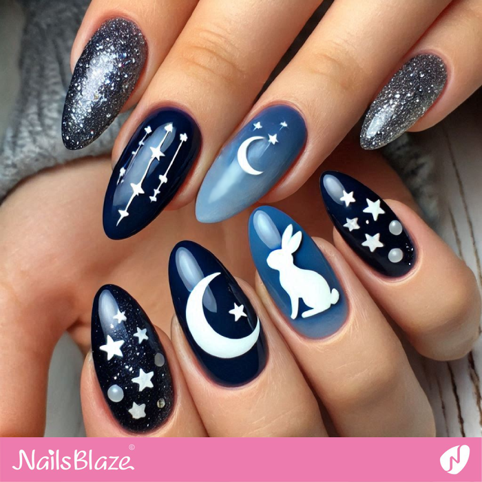 Blue Nails Moon Rabbit Design | Bunny Nails- NB7699