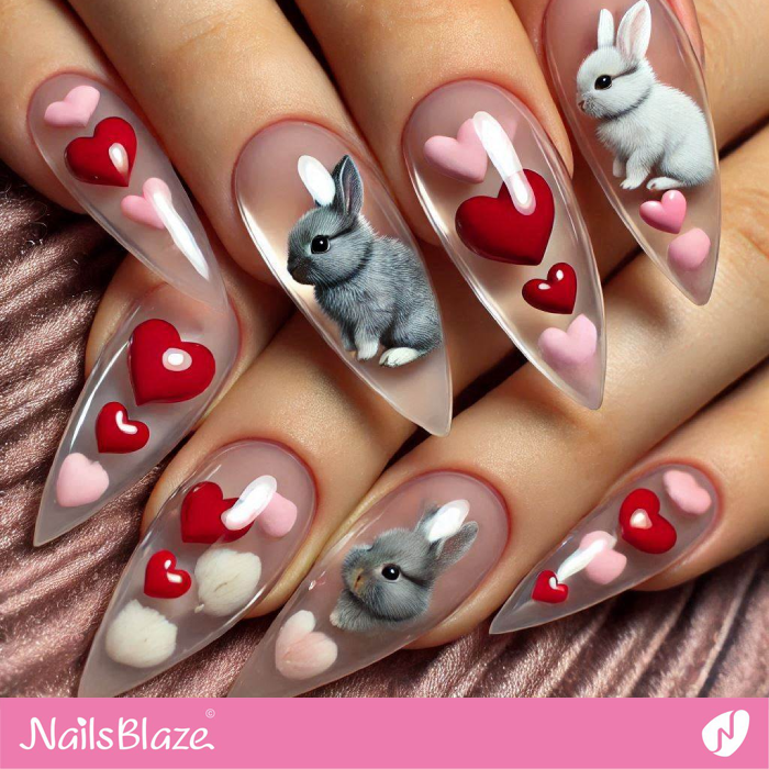 Clear Nails with Bunnies and Hearts Design | Bunny Nails- NB7664