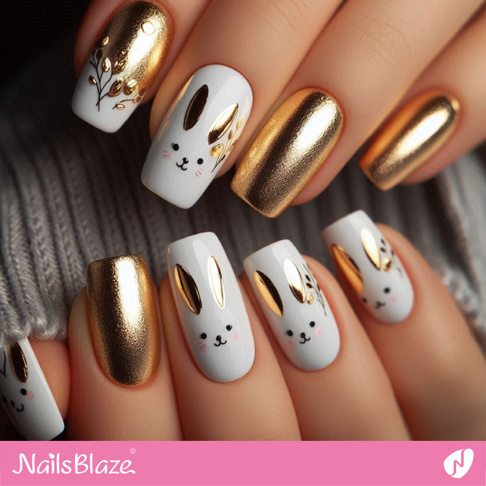 Funny Bunny for Gold and White Short Nails | Bunny Nails- NB7704