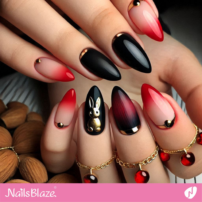 Chrome Bunny for Black and Red Nails Design | Bunny Nails- NB7665