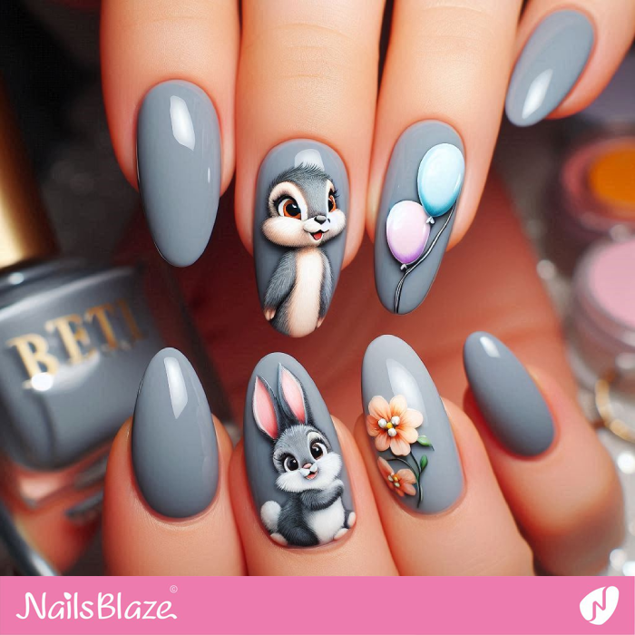 Gray Nails Bunny Design | Bunny Nails- NB7669