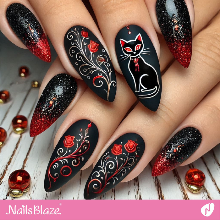 Black Cat Nails Design with Red Details | Black Cat Nails - NB7113