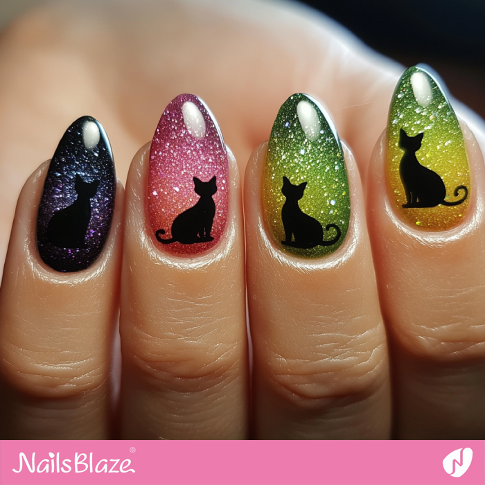 Colorful Gradient Short Nails with Black Cat | Black Cat Nails - NB7114