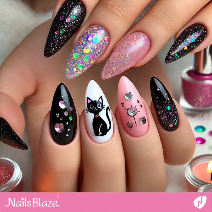 Cute Black Cat for Embellished Nails | Black Cat Nails - NB7115