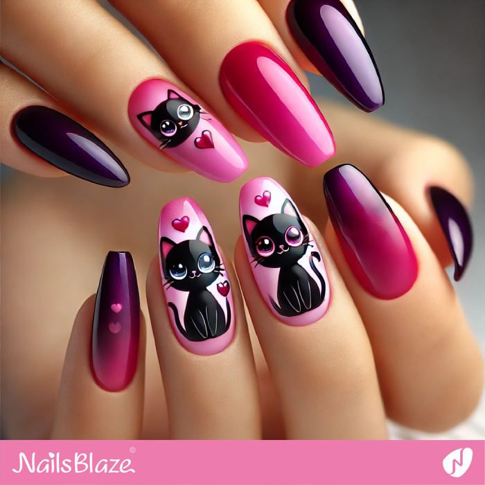 Pink and Purple Nails with Cute Black Cat Design | Black Cat Nails - NB7116