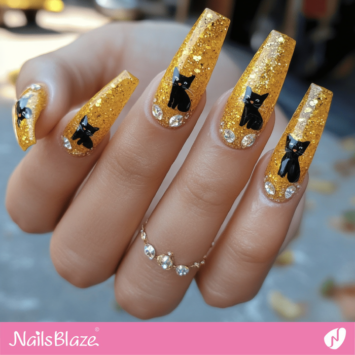 Black Cat for Bling Yellow Nails Design | Black Cat Nails - NB7118