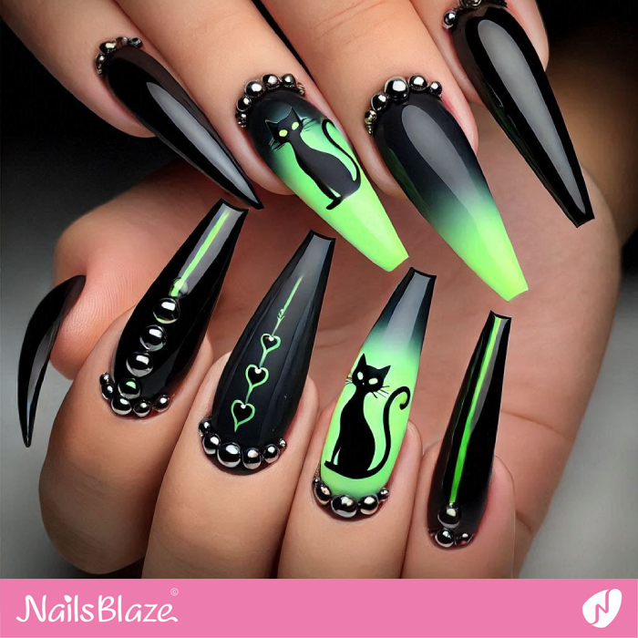 Neon Nails Black Cat Design | Black Cat Nails - NB7119