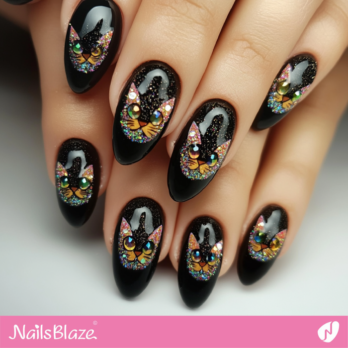 Black Nails with Glitter Cat Design | Cat Nail Art - NB7121