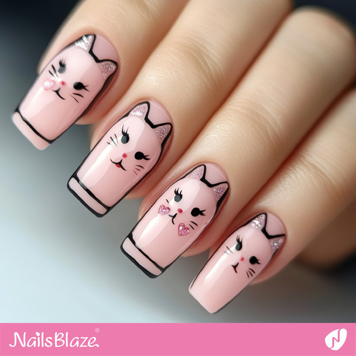 French Nails Simple Cat Design | Cute Cat Nail Art - NB7131