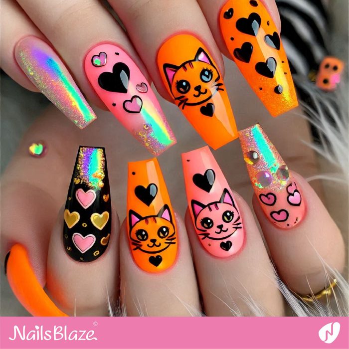 Cute Cats and Hearts Nails Design | Cute Cat Nail Art - NB7132