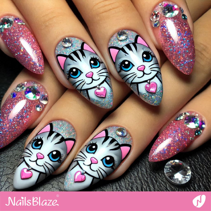 Super Cute Cat Design for Glitter Nails | Cute Cat Nail Art - NB7133