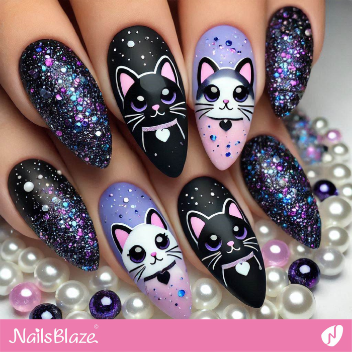 Long Almond Nails Cute Cat Design | Cute Cat Nail Art - NB7134