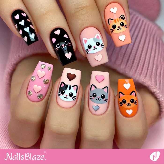 Super Cute and Simple Cat and Heart Nails Design | Cute Cat Nail Art - NB7135