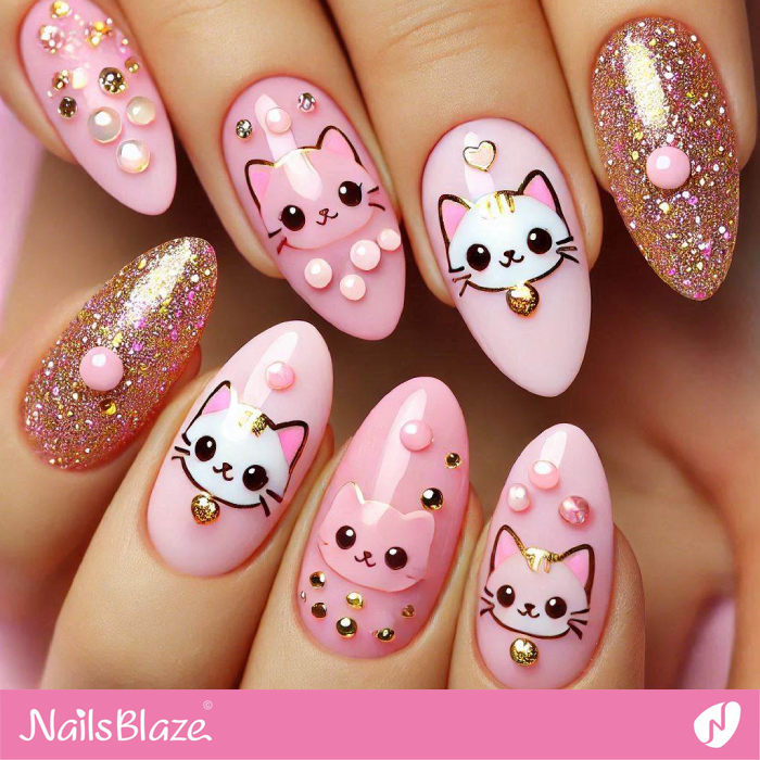 Pink Nails with Cute Cat Nails Design | Cute Cat Nail Art - NB7136