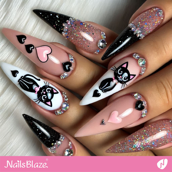 Embellished Stiletto Nails with Cute Cat | Cute Cat Nail Art - NB7138