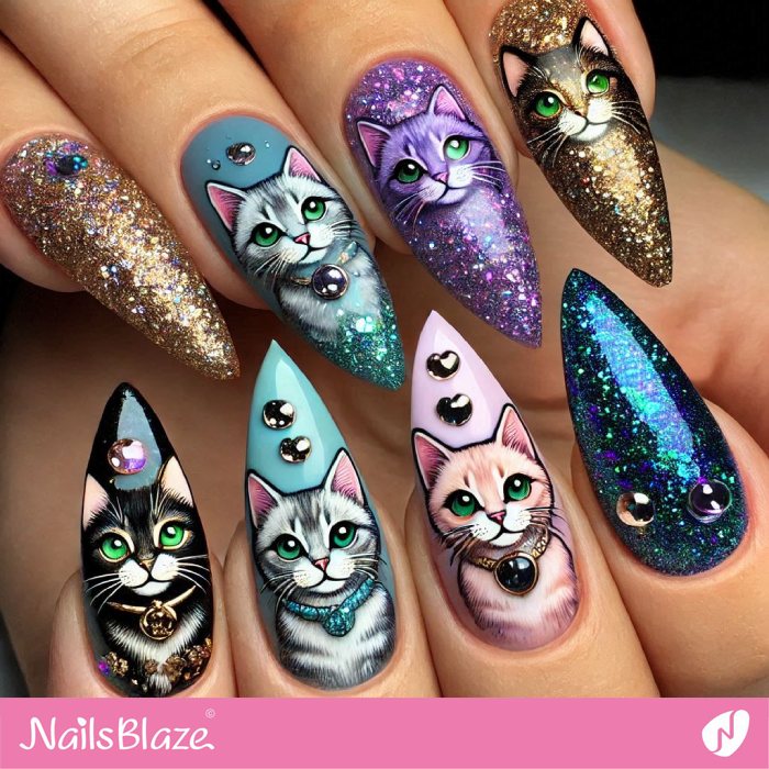 Stiletto Nails Bling Kitty Cat Design | Kitty Cat Nail Art - NB7150