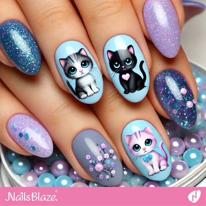 Short Blue Nails Kitty Cat Design | Kitty Cat Nail Art - NB7142