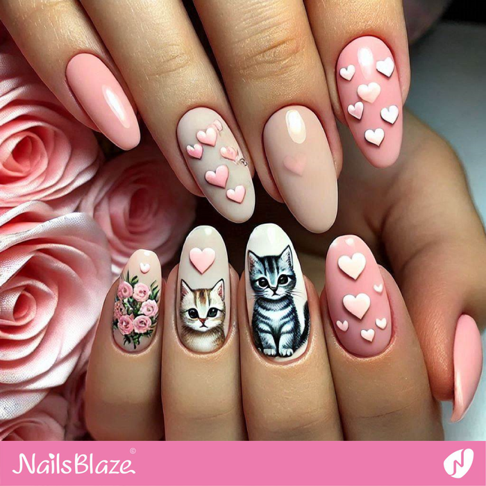 Heart and Kitty Cat Nails Design | Kitty Cat Nail Art - NB7143