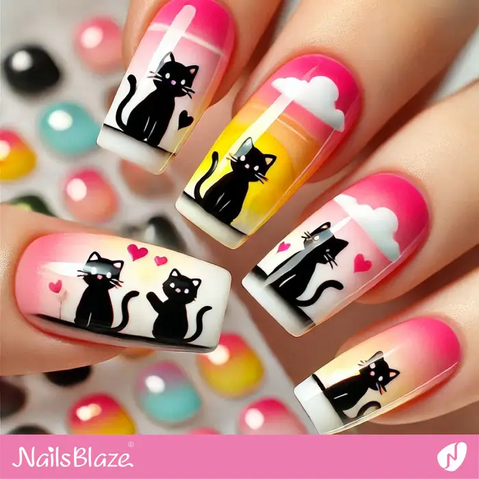 Pink Ombre Nails Cute Kitty Cat Design | Kitty Cat Nail Art - NB7144