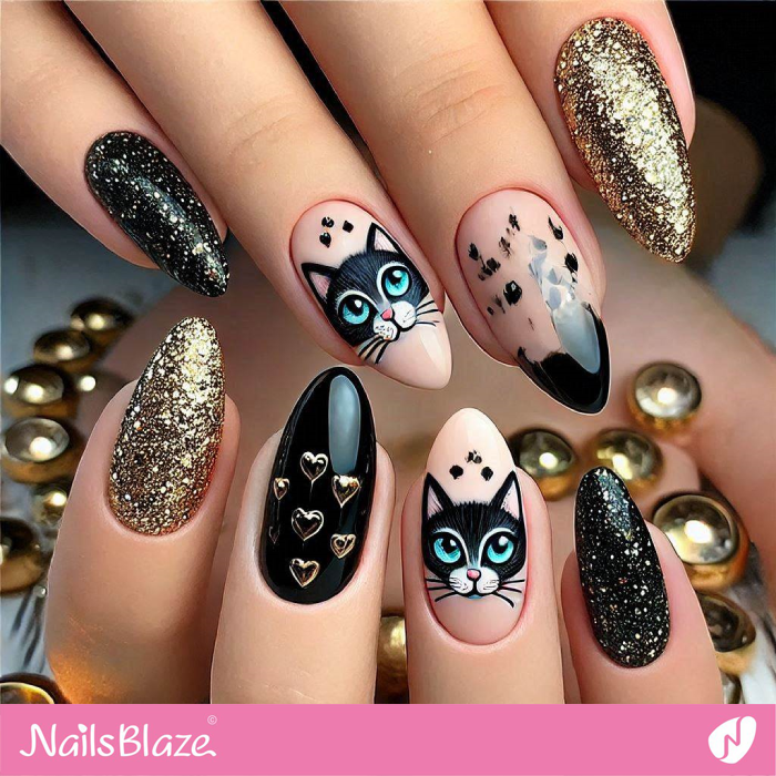 Kitty Cat Design for Black and Gold Nails | Kitty Cat Nail Art - NB7145